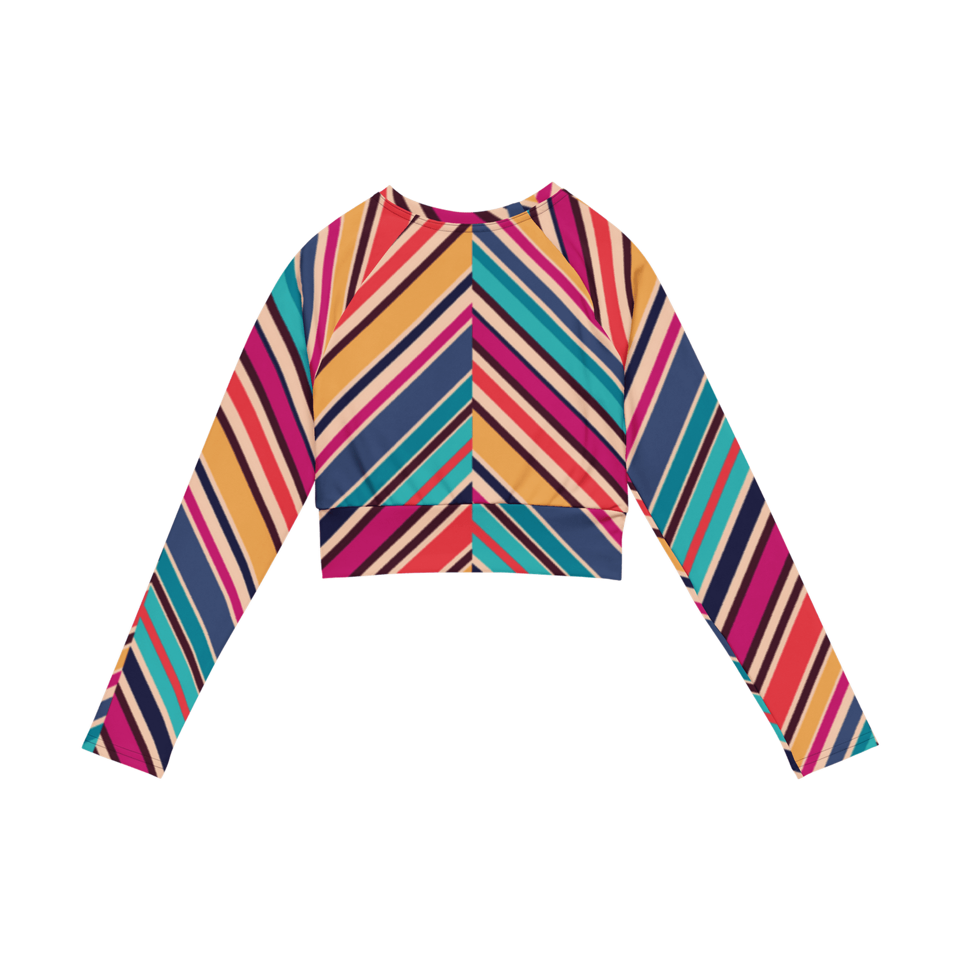 Back flat lay of striped raglan sleeve crop top showing symmetrical cut