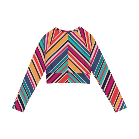 Back flat lay of striped raglan sleeve crop top showing symmetrical cut