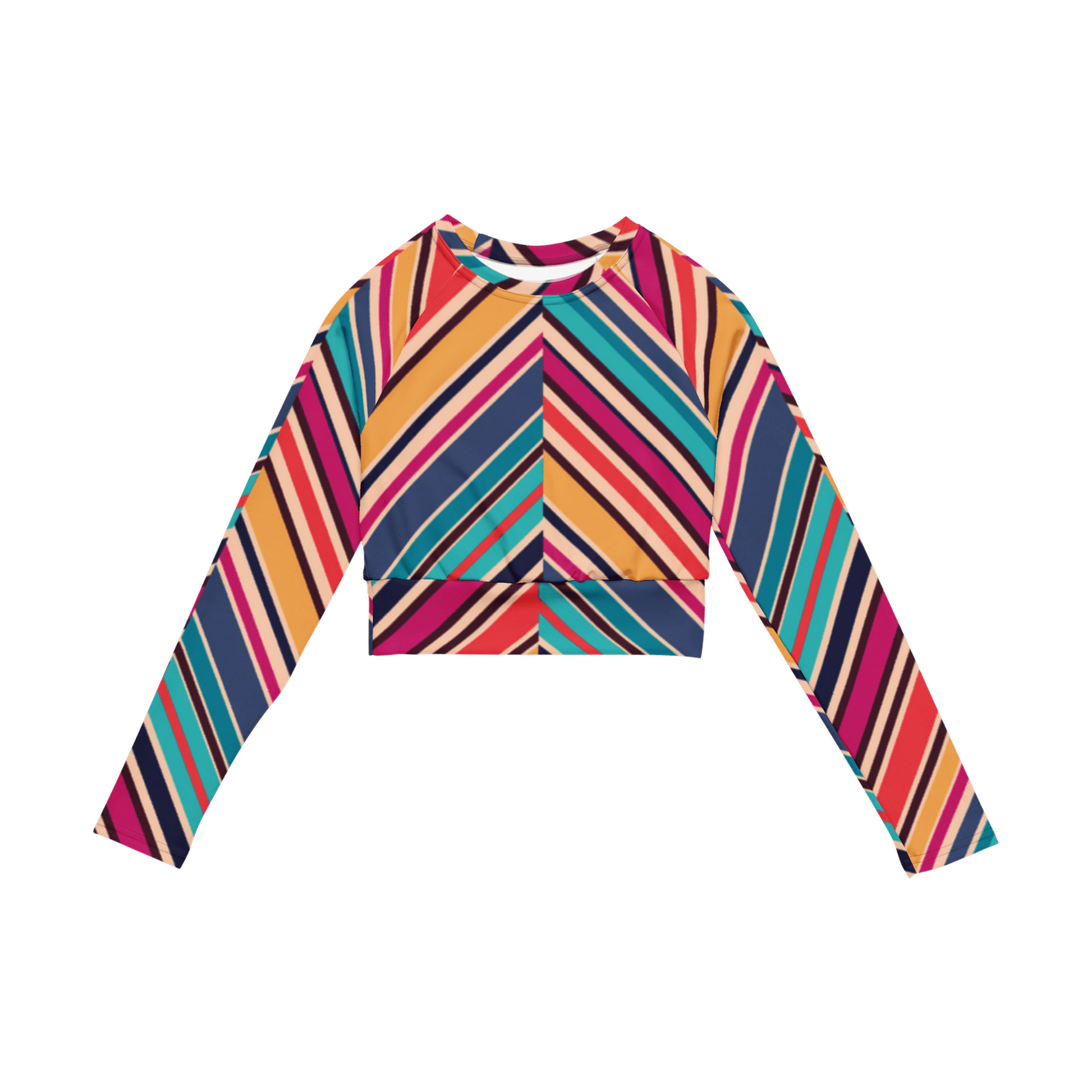 Flat lay of multicolor striped recycled polyester long-sleeve crop top front