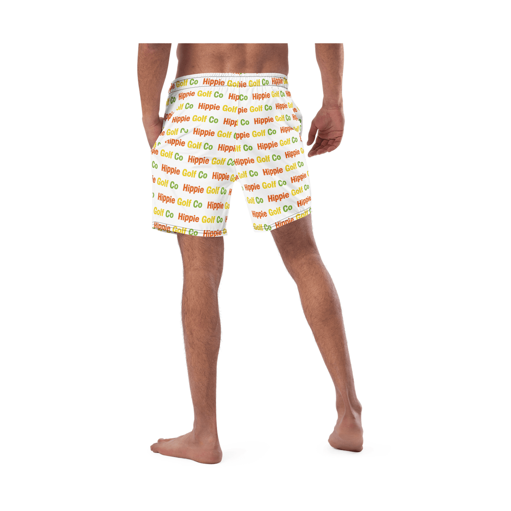 Back view of white HGC recycled swim trunks with all-over text