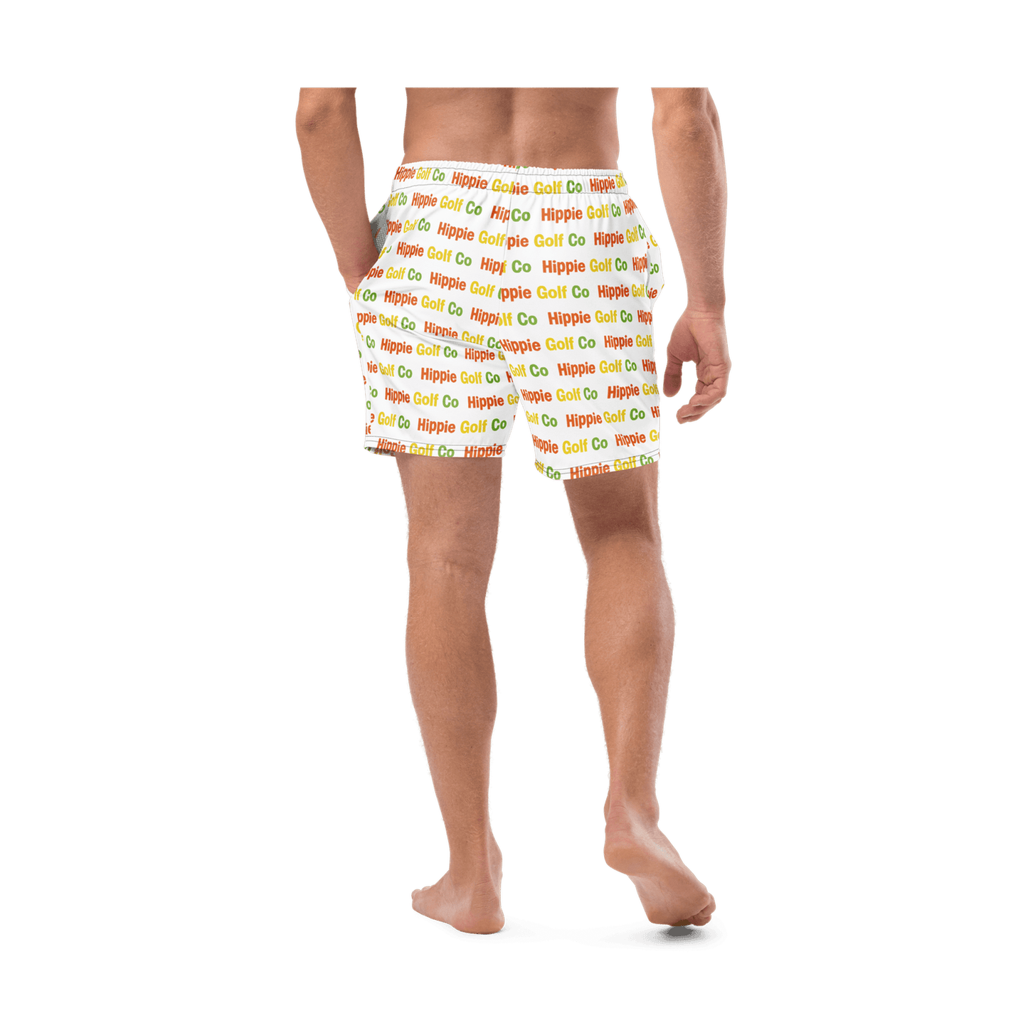 Rear view of white eco-friendly golf shorts with elastic waistband
