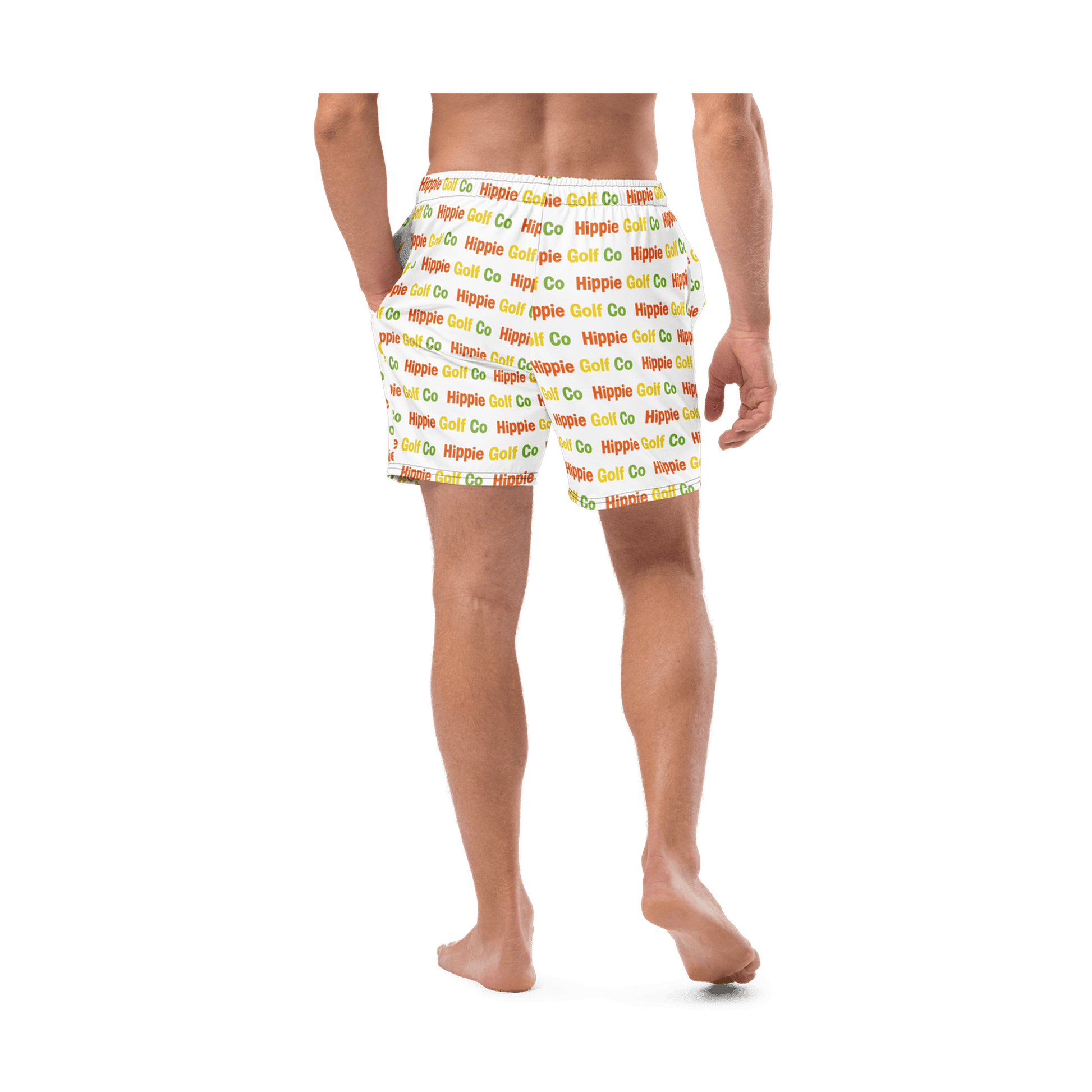 Rear view of white eco-friendly golf shorts with elastic waistband