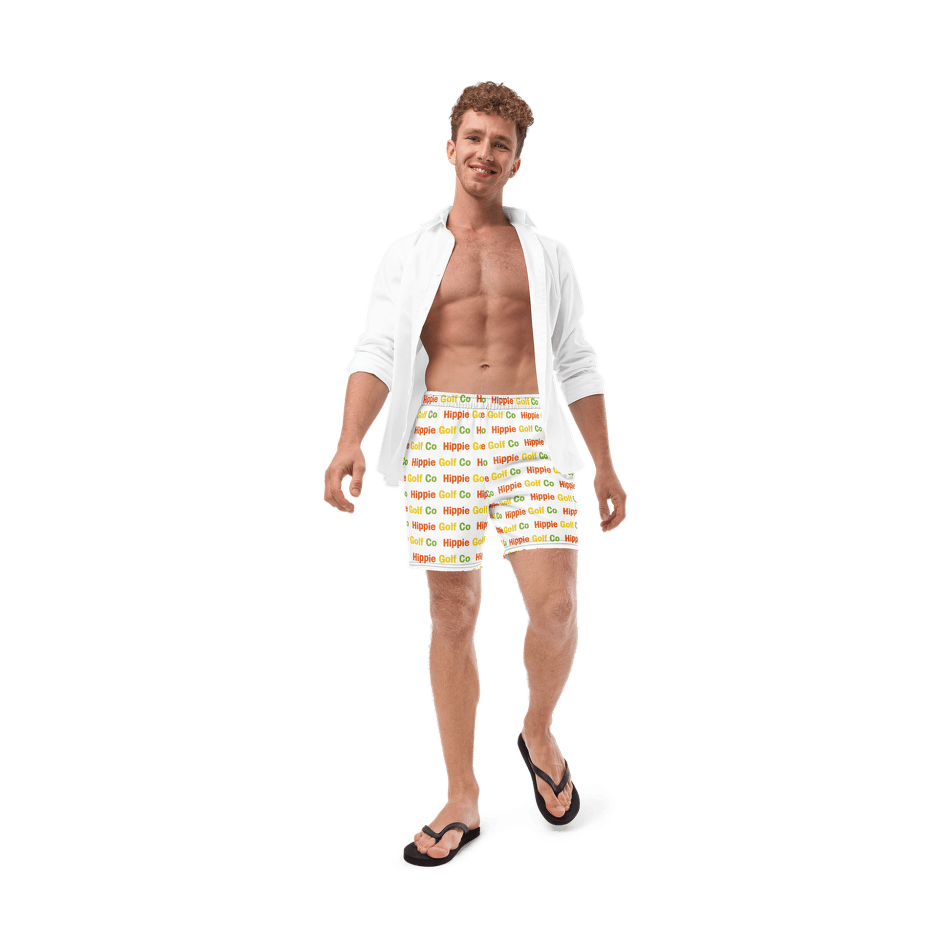 Men wearing white relaxed fit golf shorts with colorful logo print