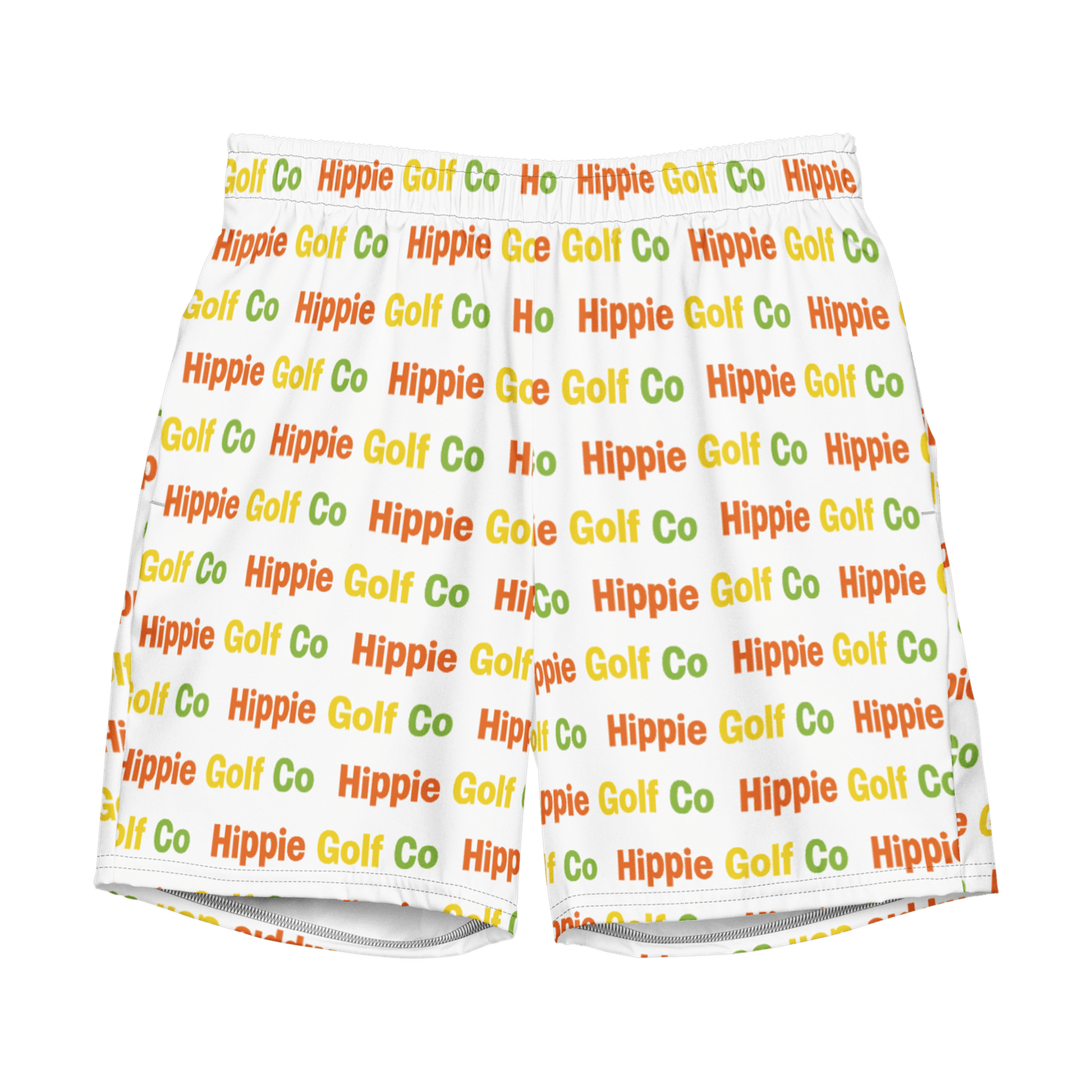 White recycled swim trunks with Hippie Golf Co text pattern