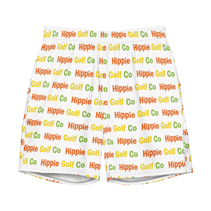White recycled swim trunks with Hippie Golf Co text pattern