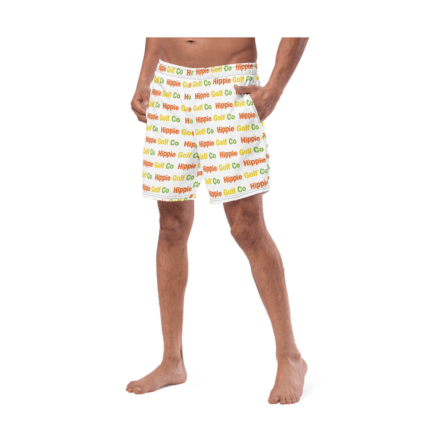 Front view of men's mid-thigh length recycled swim trunks