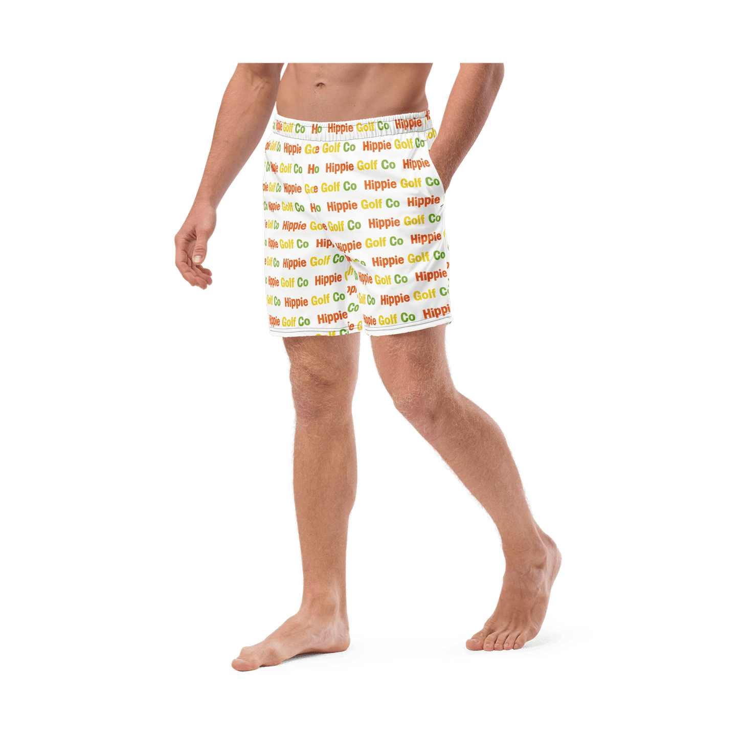 Side view of men's quick-dry recycled swim trunks in motion