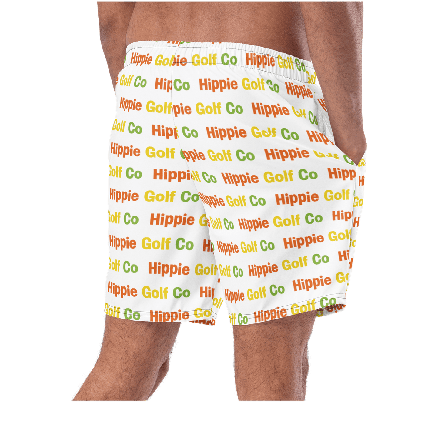 Close-up of white recycled fabric swim trunks with colorful text