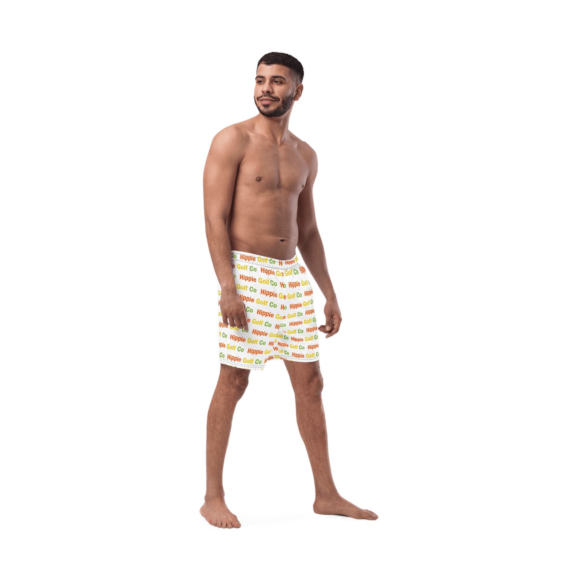 Profile of man in white unisex golf shorts showing fabric drape