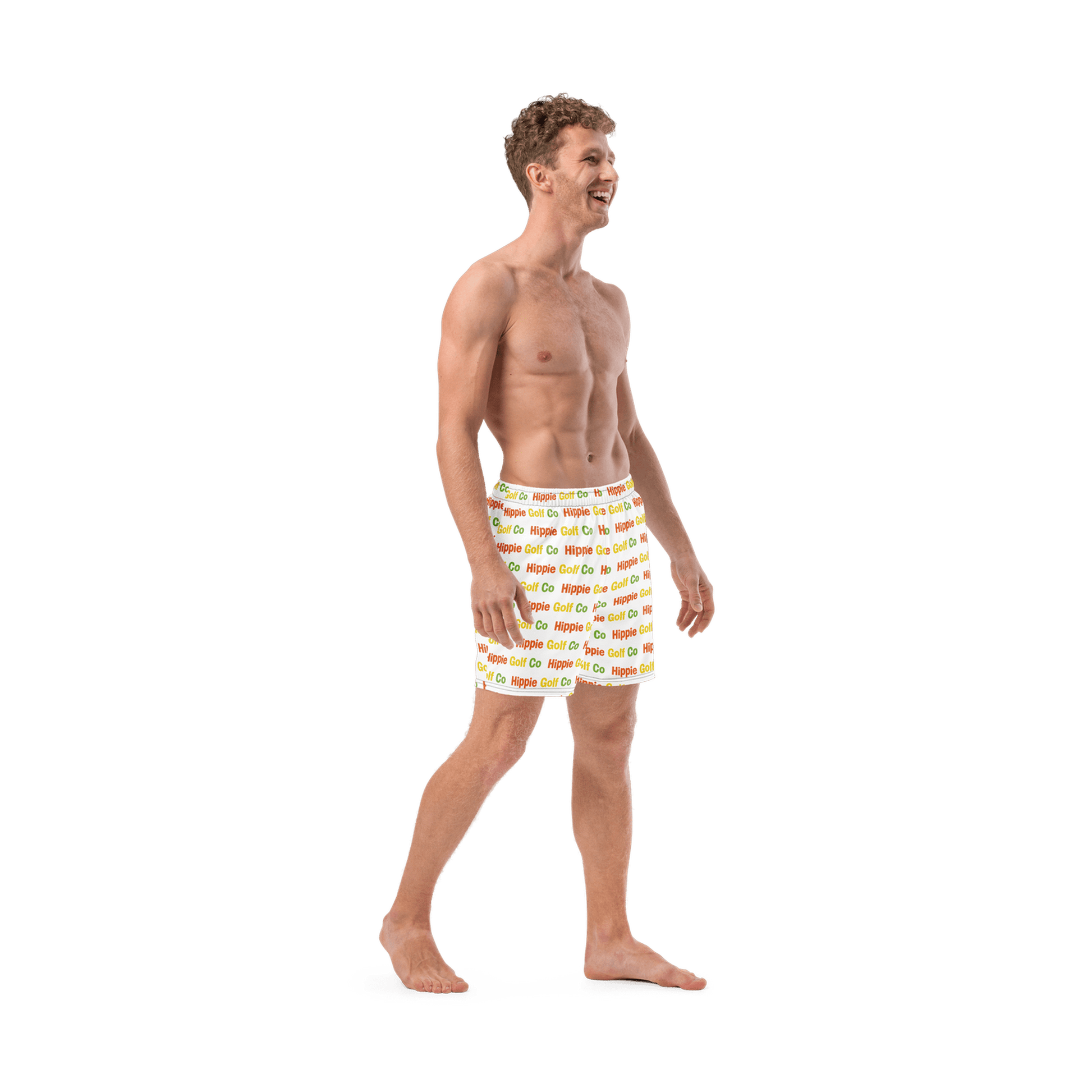 Man in white relaxed fit swim trunks highlighting natural movement