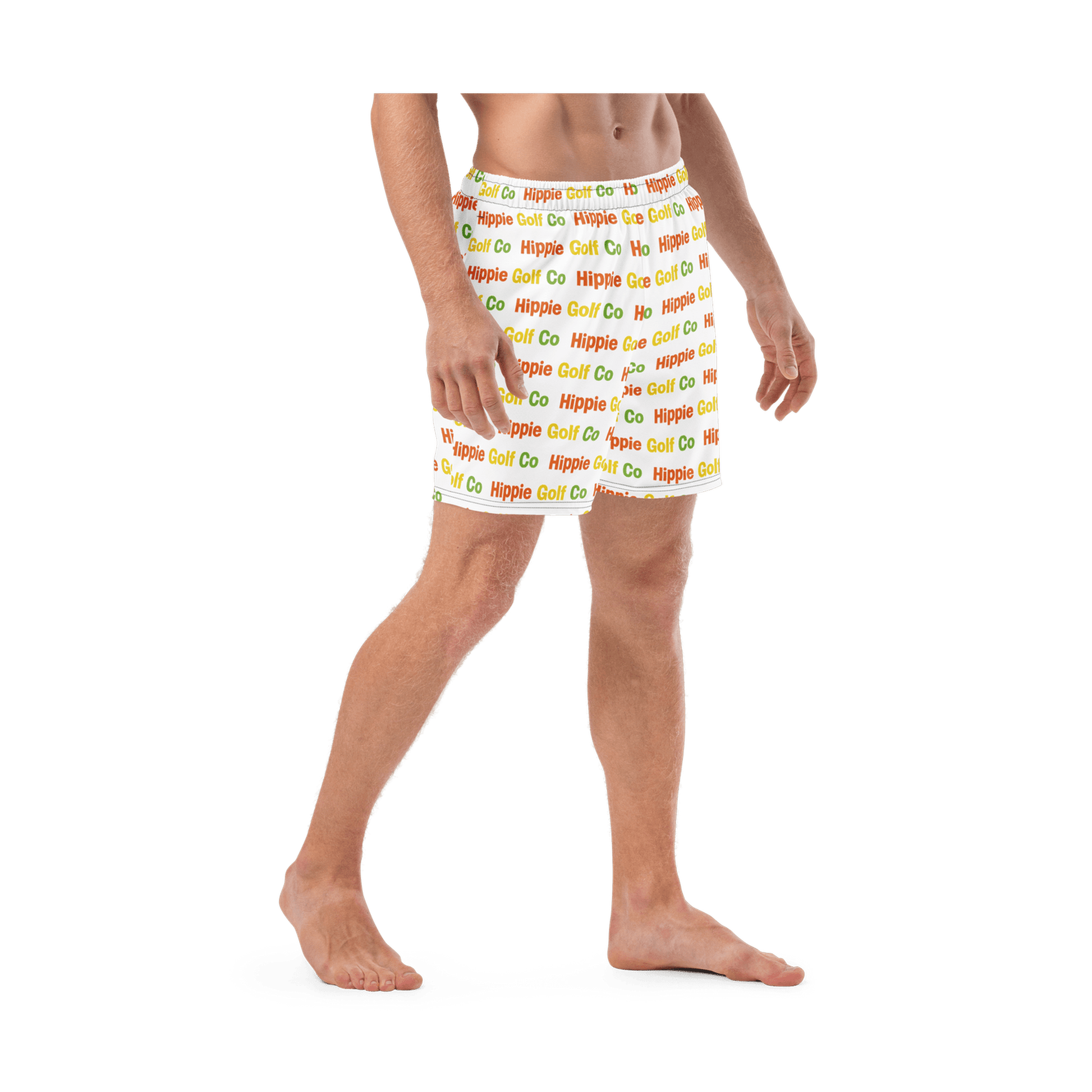 Side profile of white HGC swim trunks showing relaxed silhouette