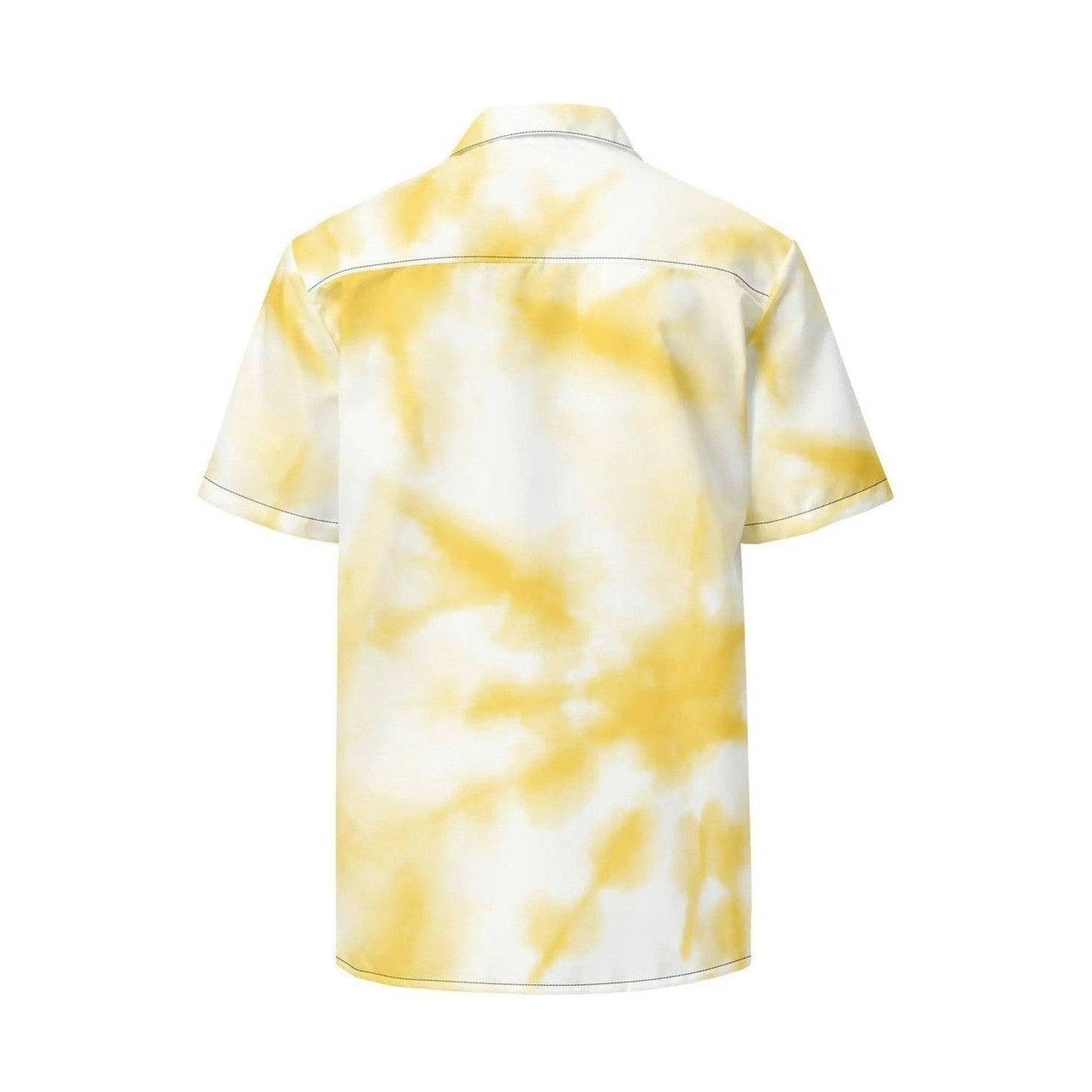 Back view of relaxed fit yellow and white tie-dye button shirt