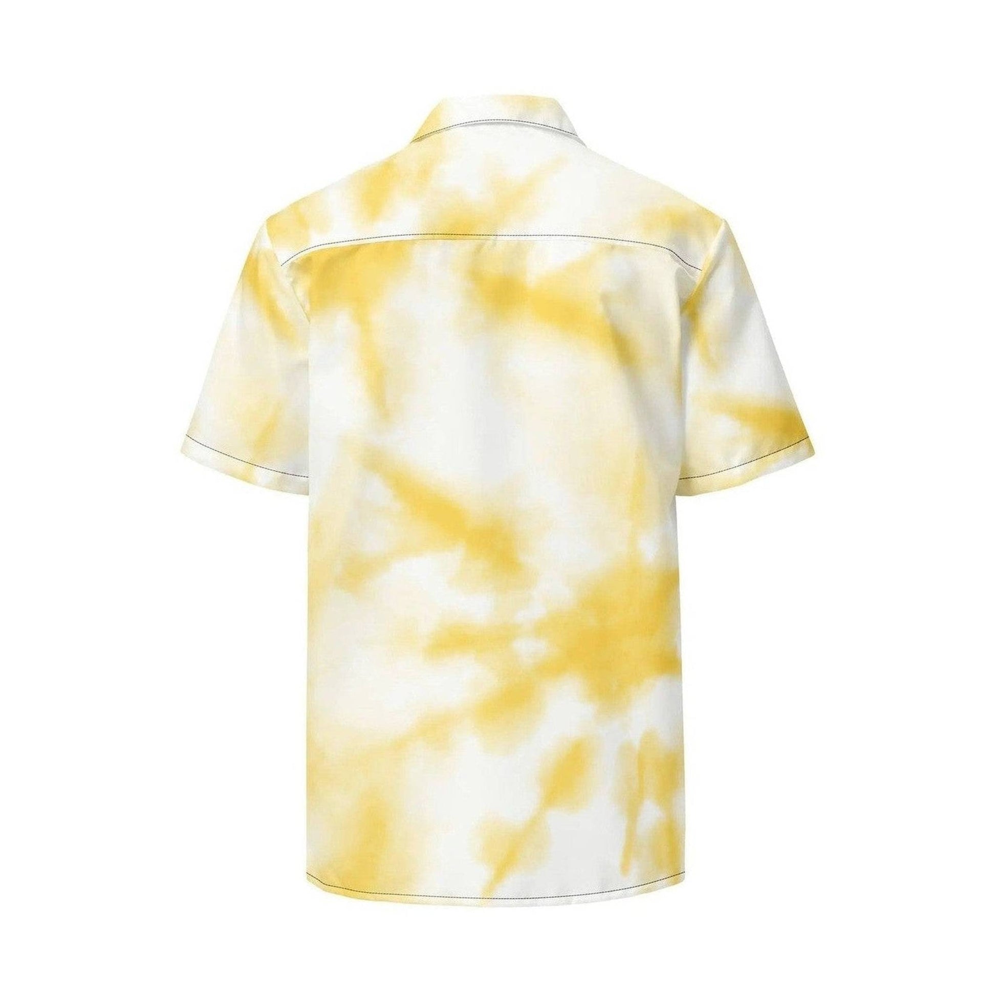 Back view of relaxed fit yellow and white tie-dye button shirt