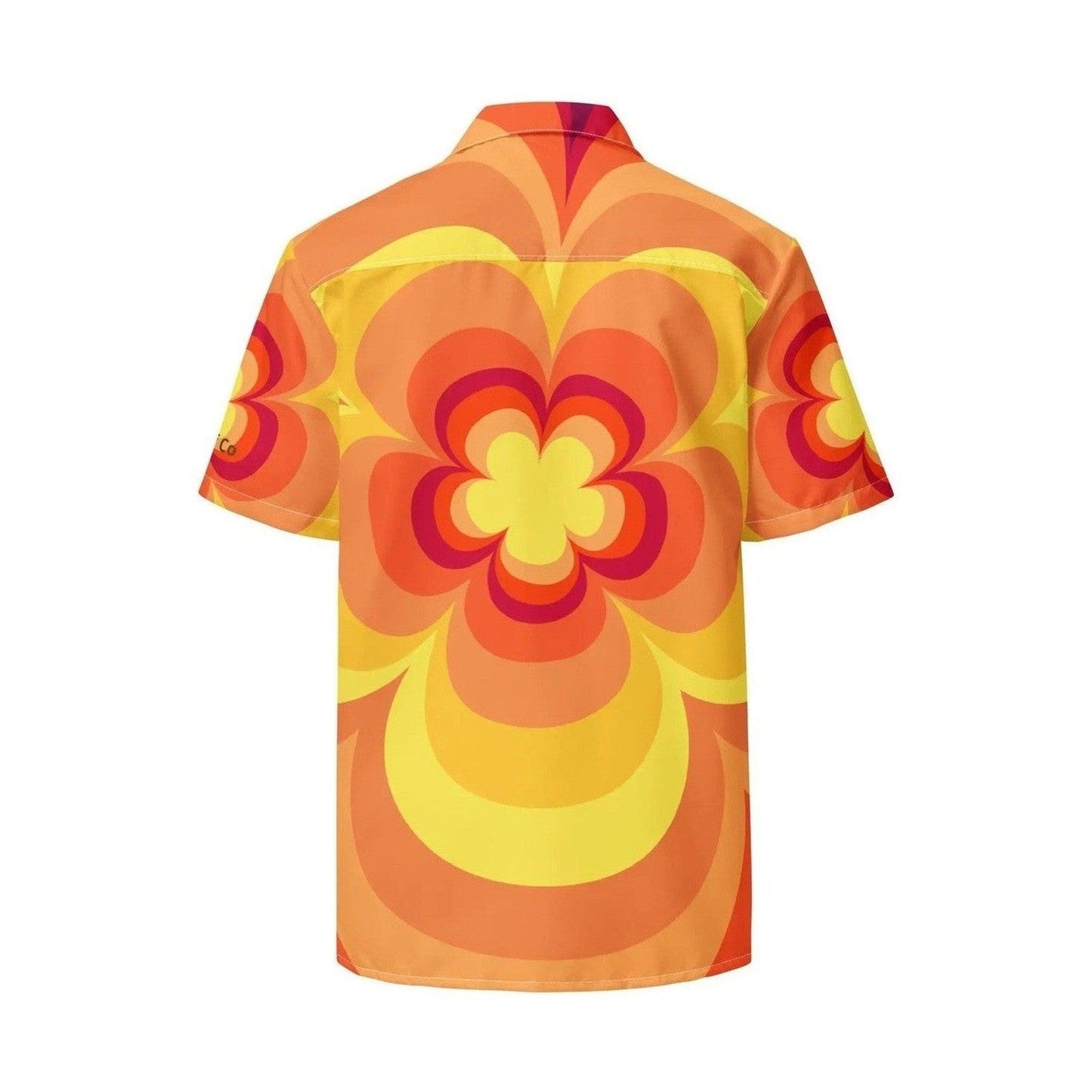 Back view of unisex Sunny Flower Button Shirt with bold bloom print