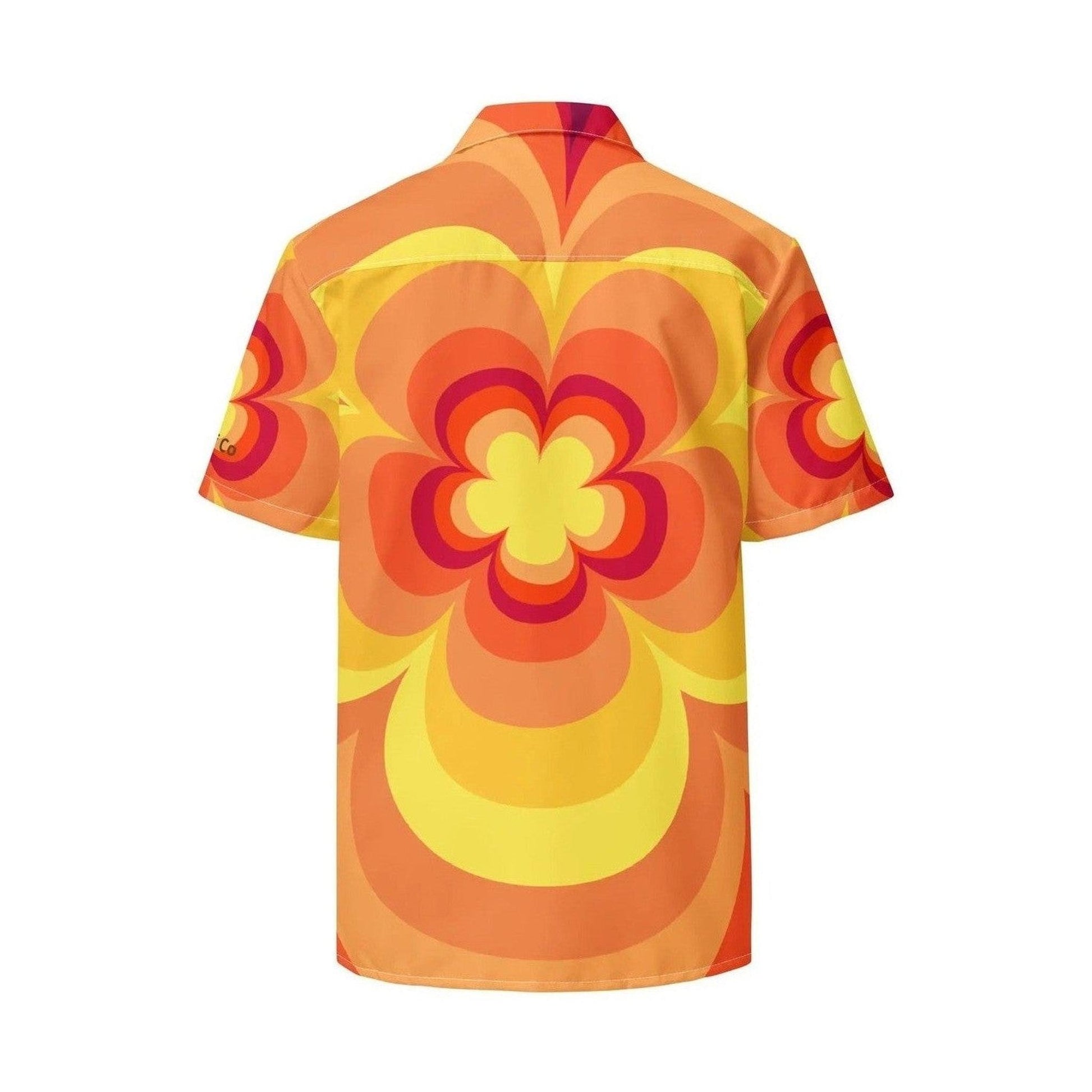 Back view of unisex Sunny Flower Button Shirt with bold bloom print