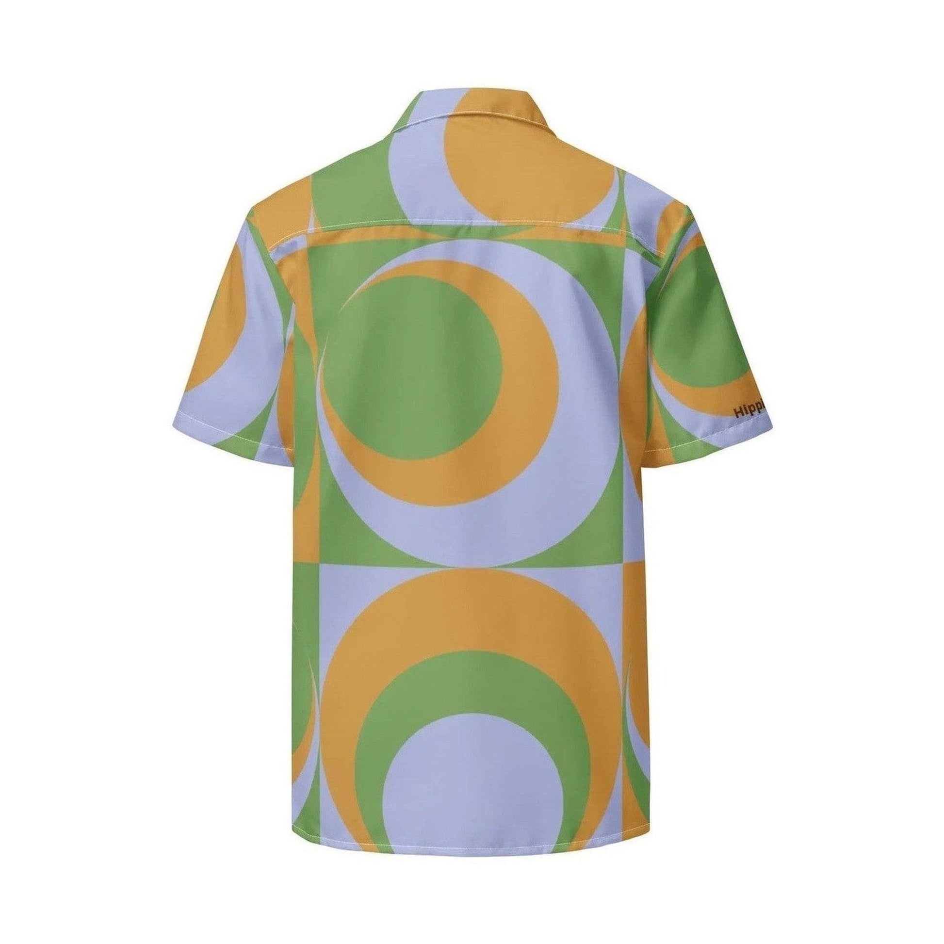 Back view of oversized geometric print button-up shirt with overlapping circle pattern
