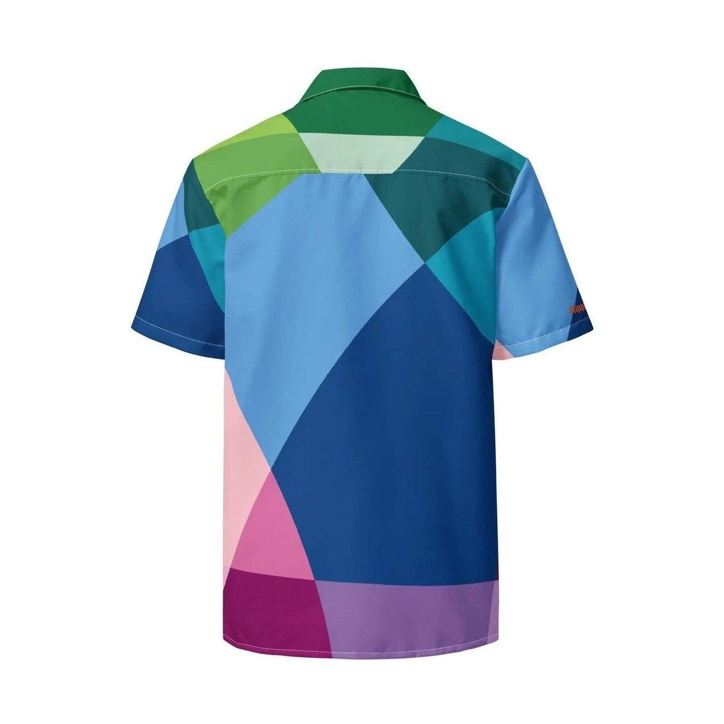 Back view of abstract geometric print button shirt featuring large color blocks and sleeve logo