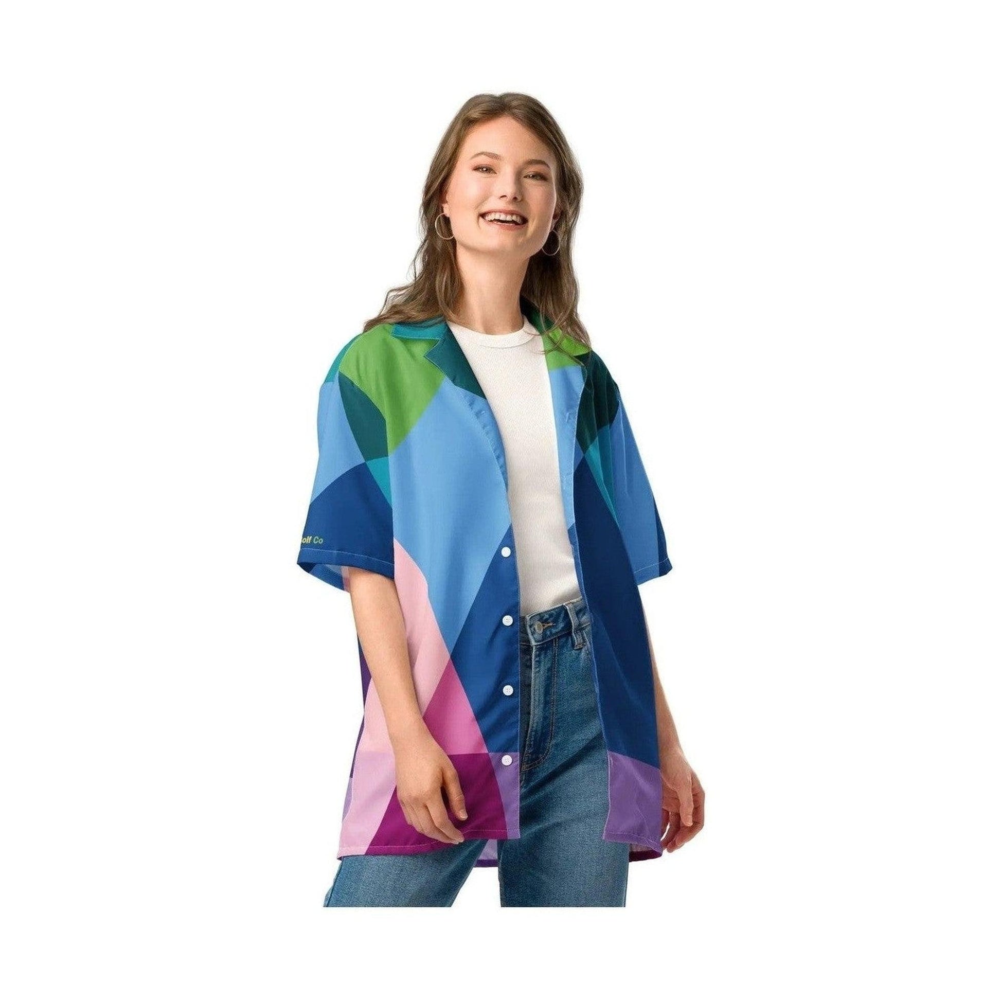 Front view of woman in unisex abstract geometric print button shirt with open collar