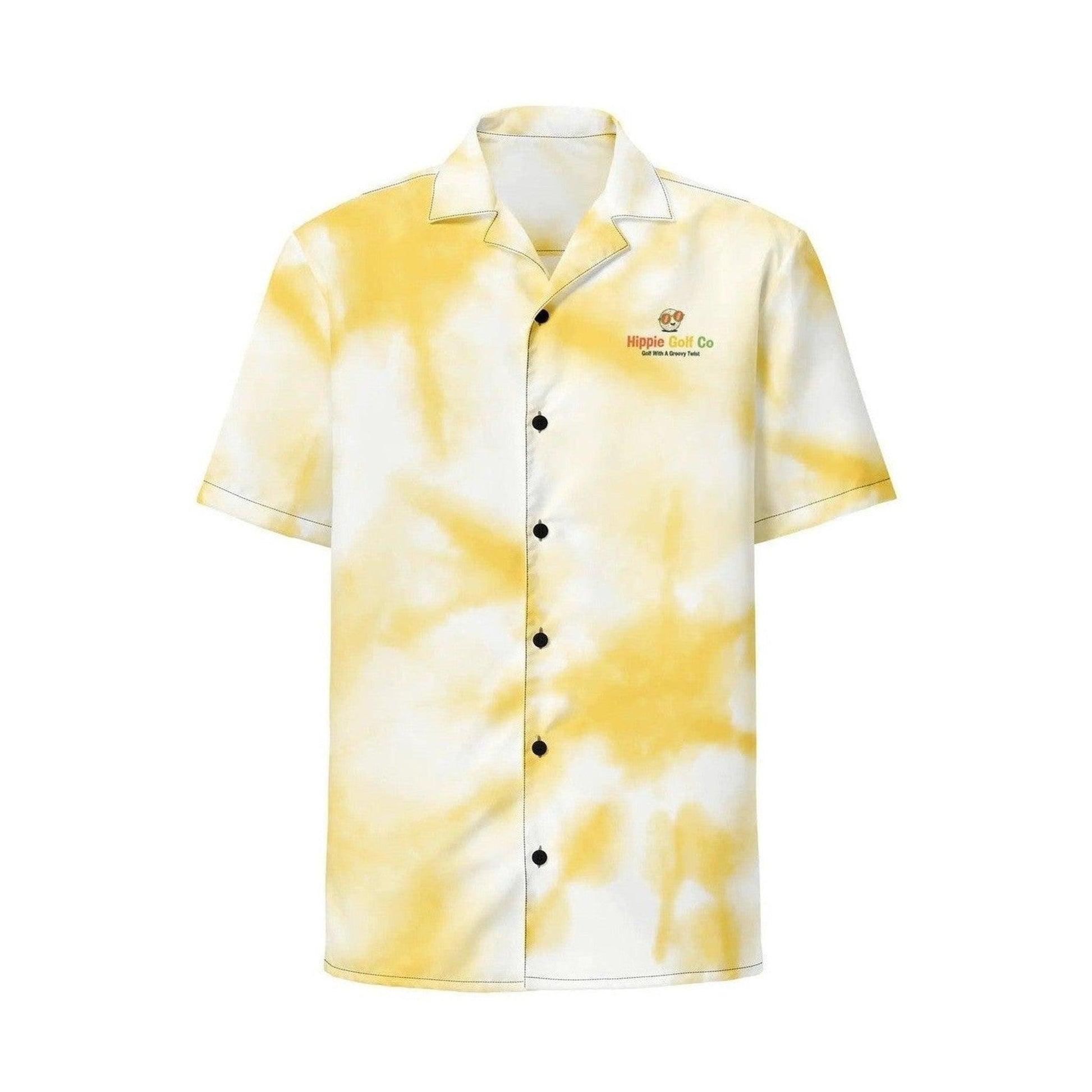 Front view of yellow tie-dye short sleeve collared shirt