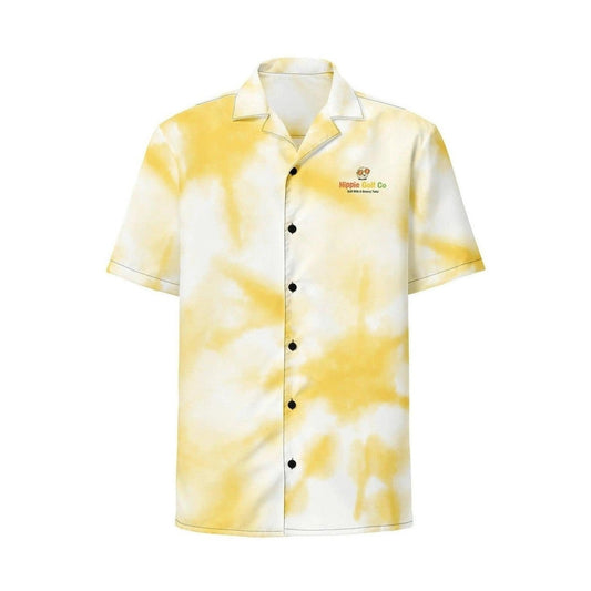 Front view of yellow tie-dye short sleeve collared shirt