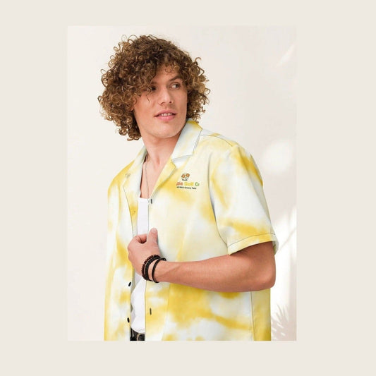 Hippie Golf Co yellow tie-dye unisex golf shirt on model