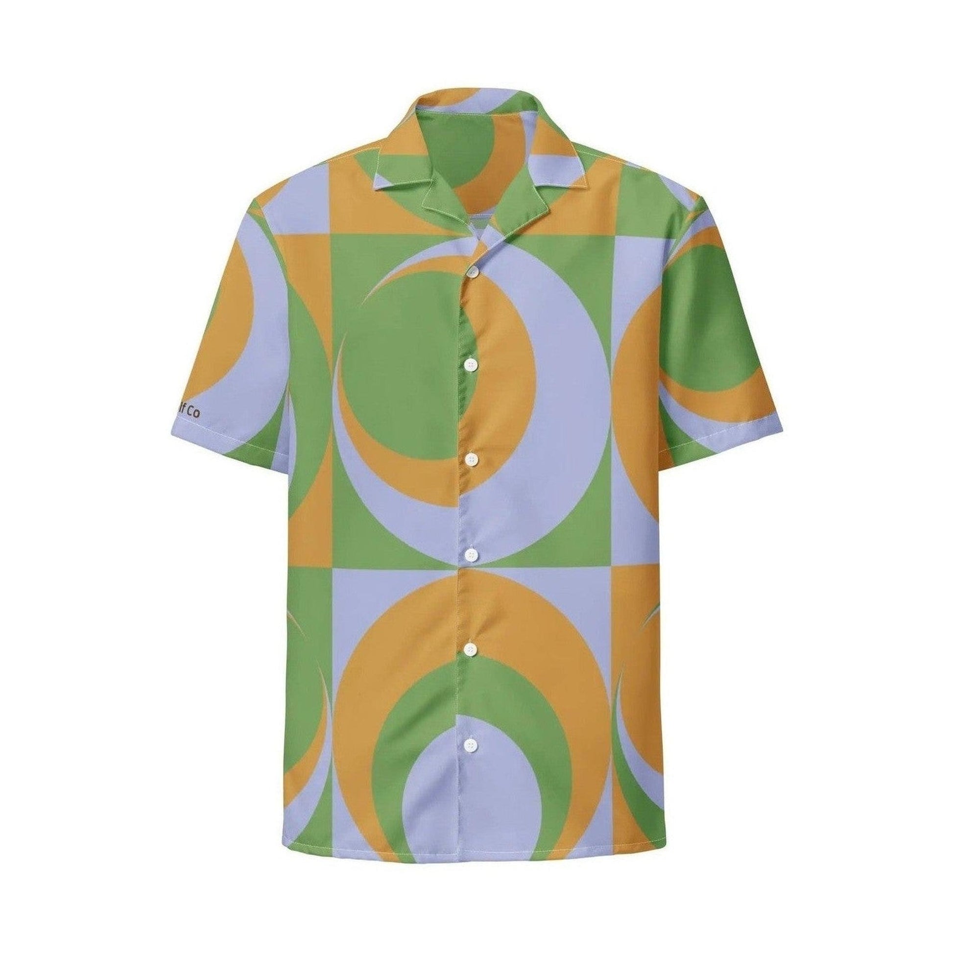 Front view of lightweight unisex button-up shirt with bold green yellow lavender geometric design