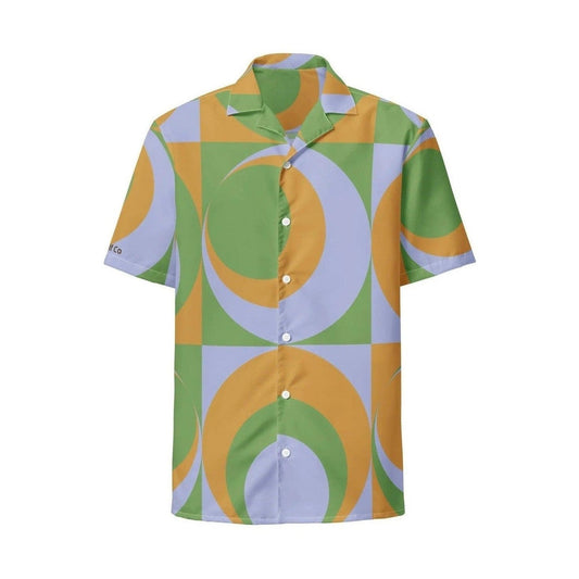 Front view of lightweight unisex button-up shirt with bold green yellow lavender geometric design