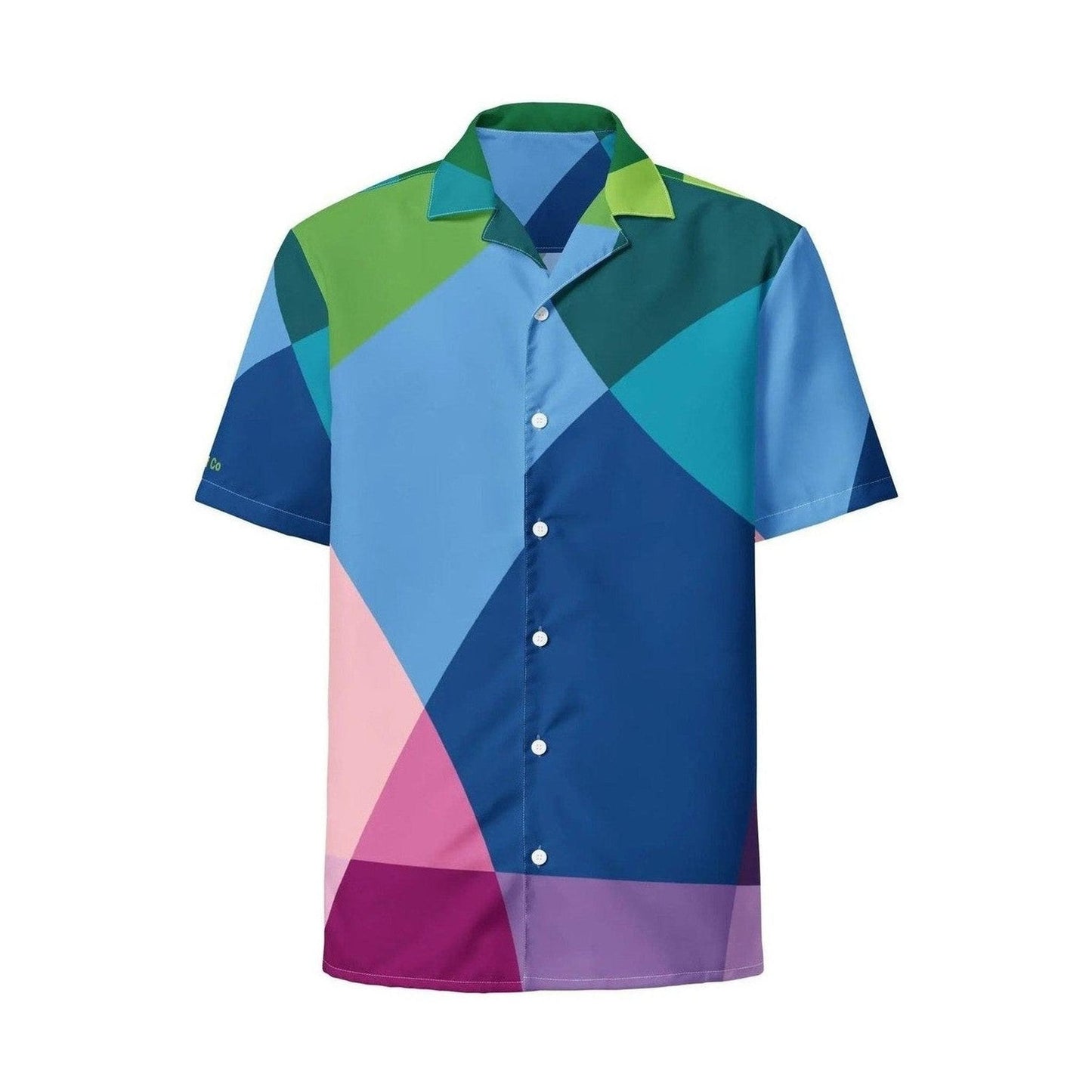 Blue green pink abstract geometric print unisex button up shirt with color block collar