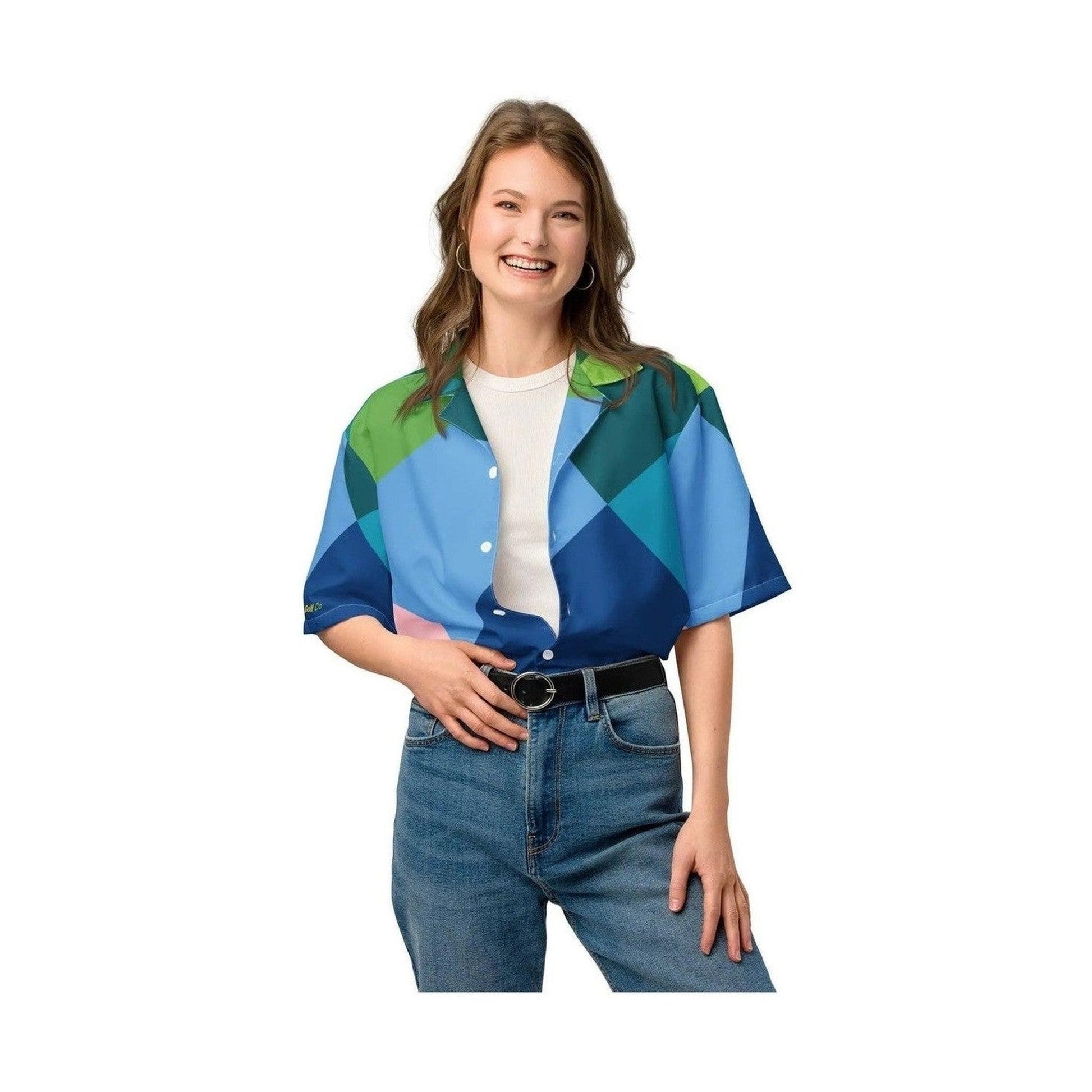 Unisex oversized abstract geometric print button-up shirt in blues greens and pink