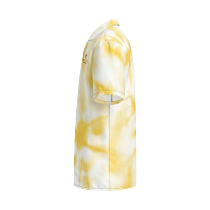 Side profile showing oversized silhouette of tie-dye golf shirt