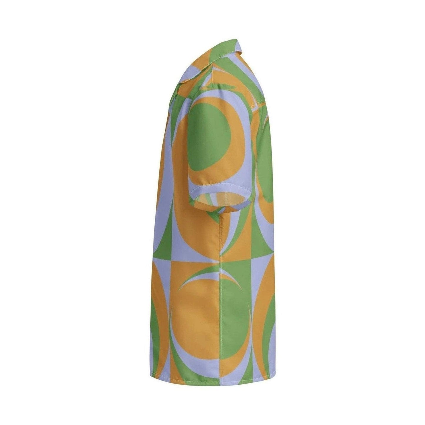 Oversized unisex geometric button shirt with green yellow lavender print and white stitching