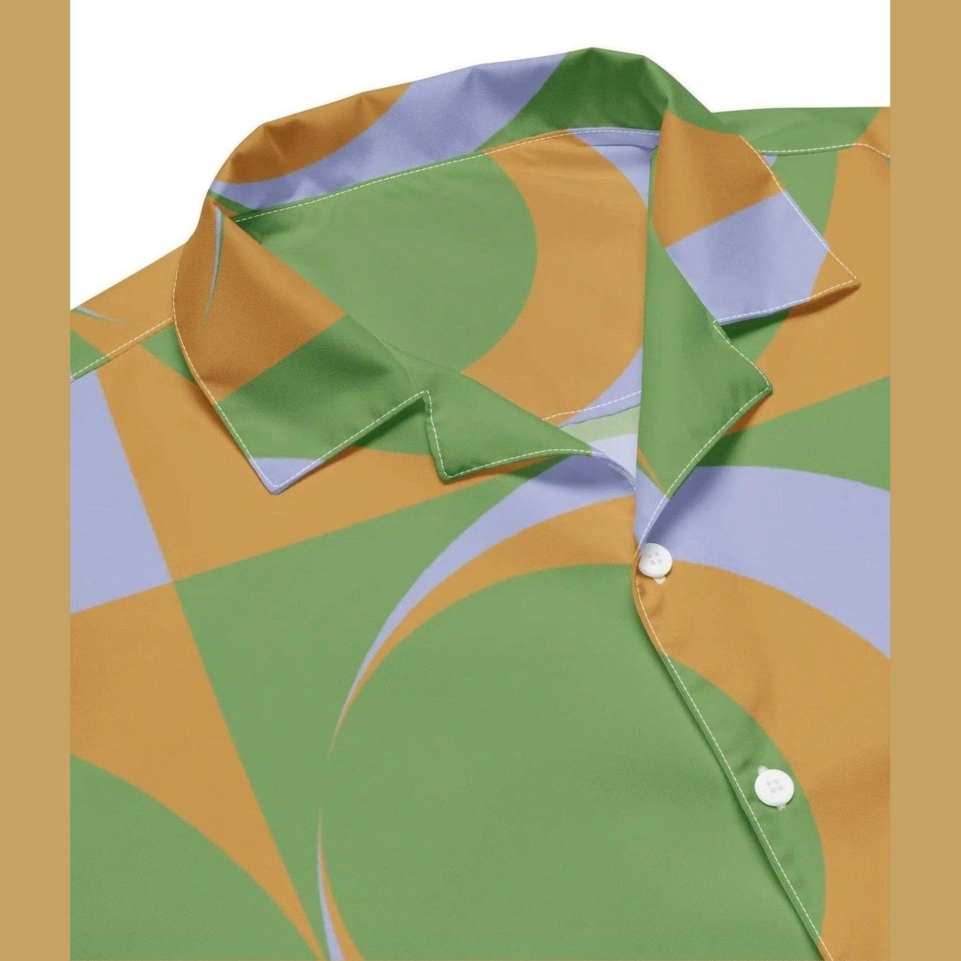 Close-up of pointed collar and placket on green yellow lavender geometric button shirt