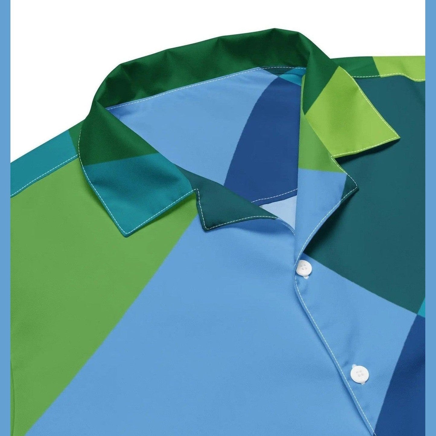 Close up of structured pointed collar with dark green lining and white buttons on abstract shirt