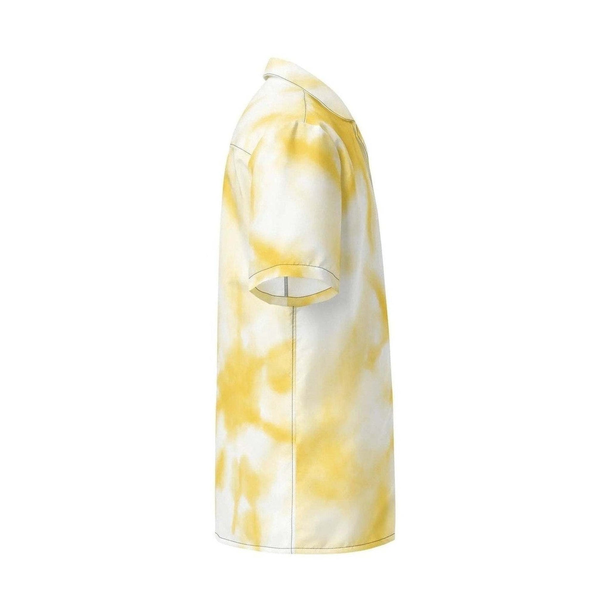 Yellow and white tie-dye oversized button shirt with black stitching