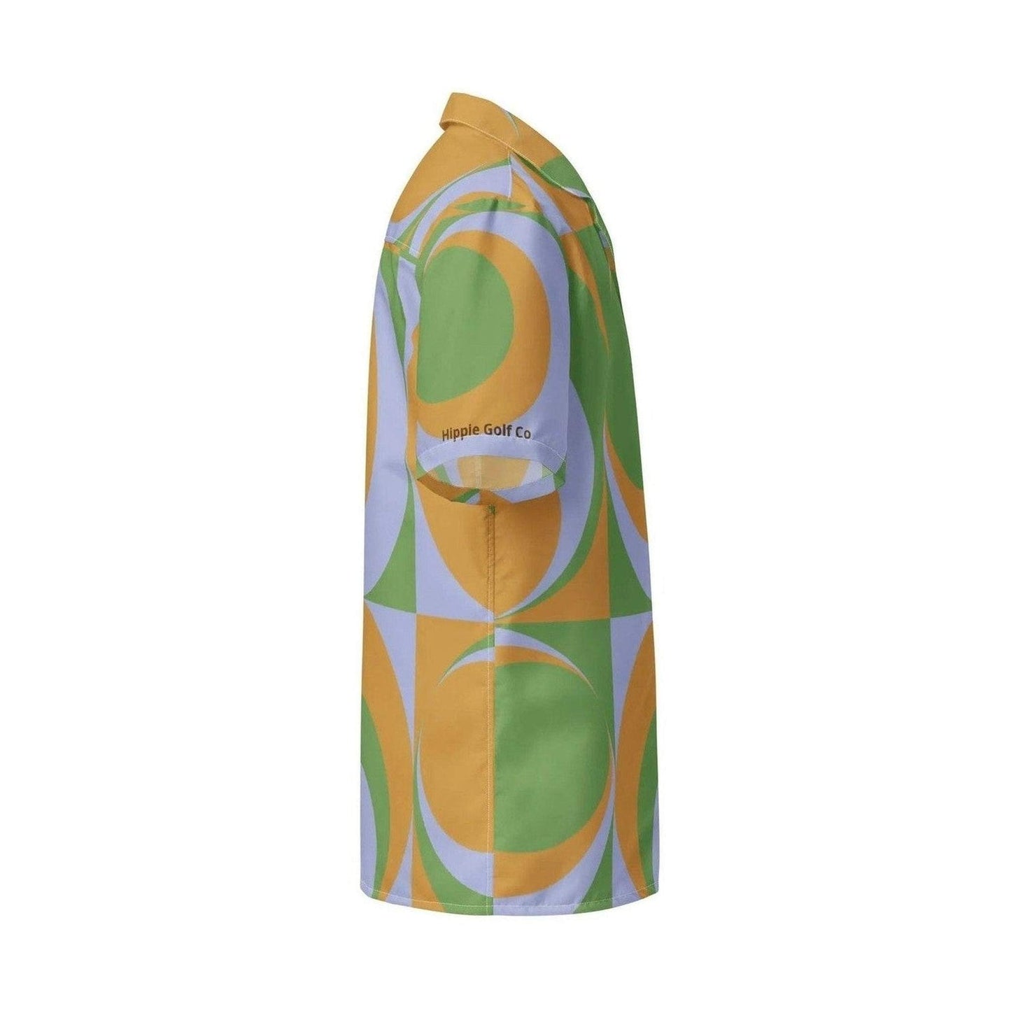 Side view of relaxed fit short sleeve button shirt with Hippie Golf Co logo and geometric print