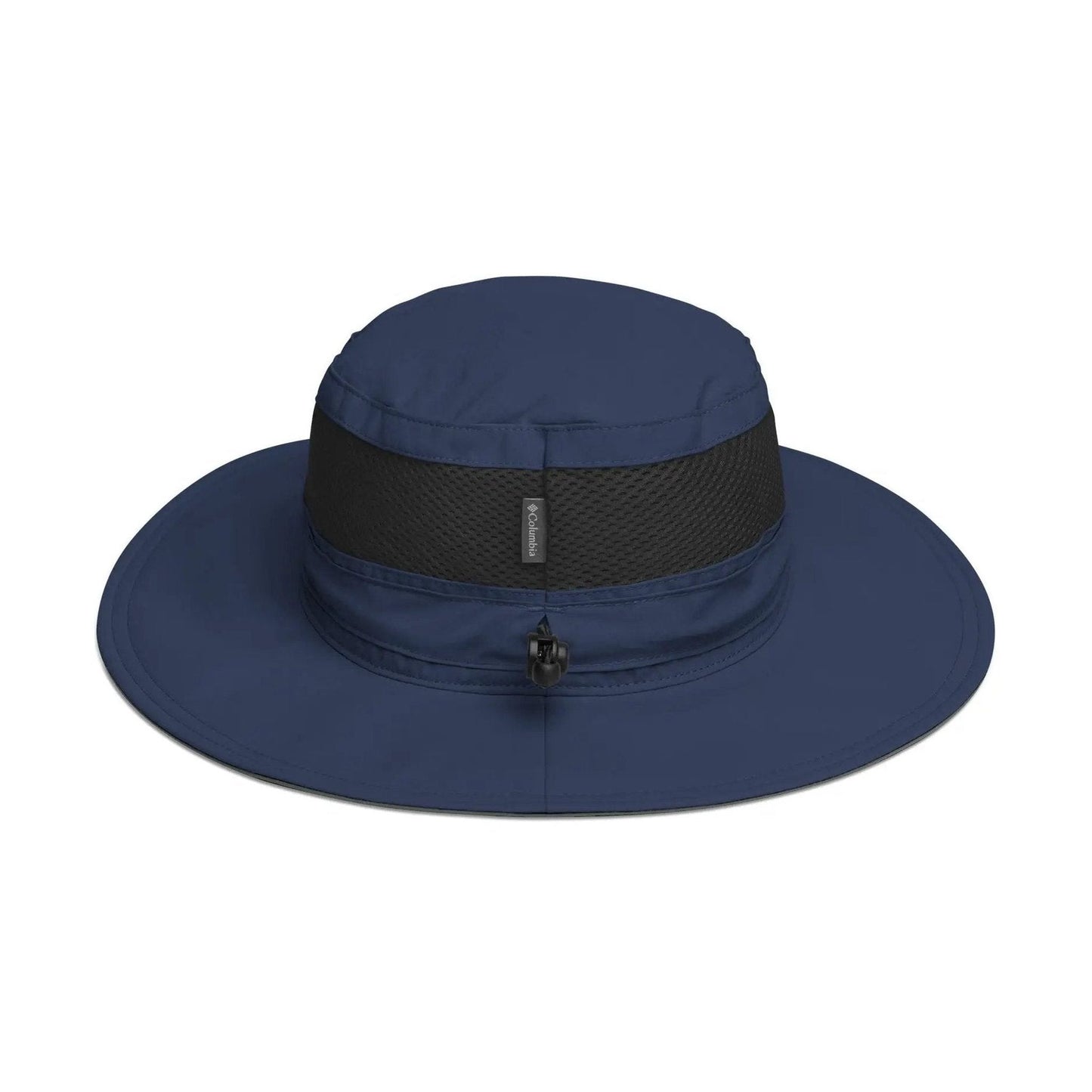 Navy booney hat with 3-inch brim, mid-section mesh band, and front drawcord toggle
