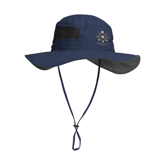 Front shot of navy booney hat with curved brim, mesh side panel, and gold embroidered logo