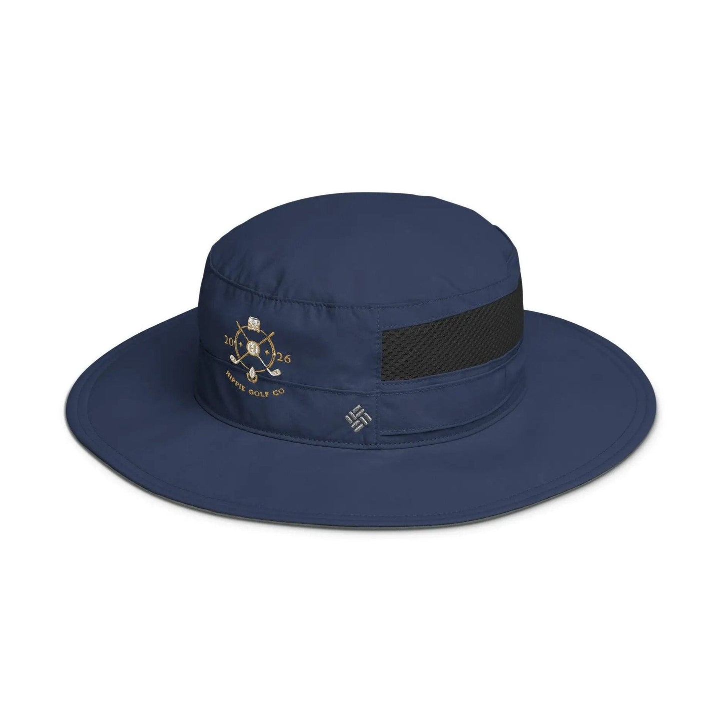 Navy Columbia Booney Hat with textured nylon poplin, mesh vents, and embroidered Hippie Golf Co logo