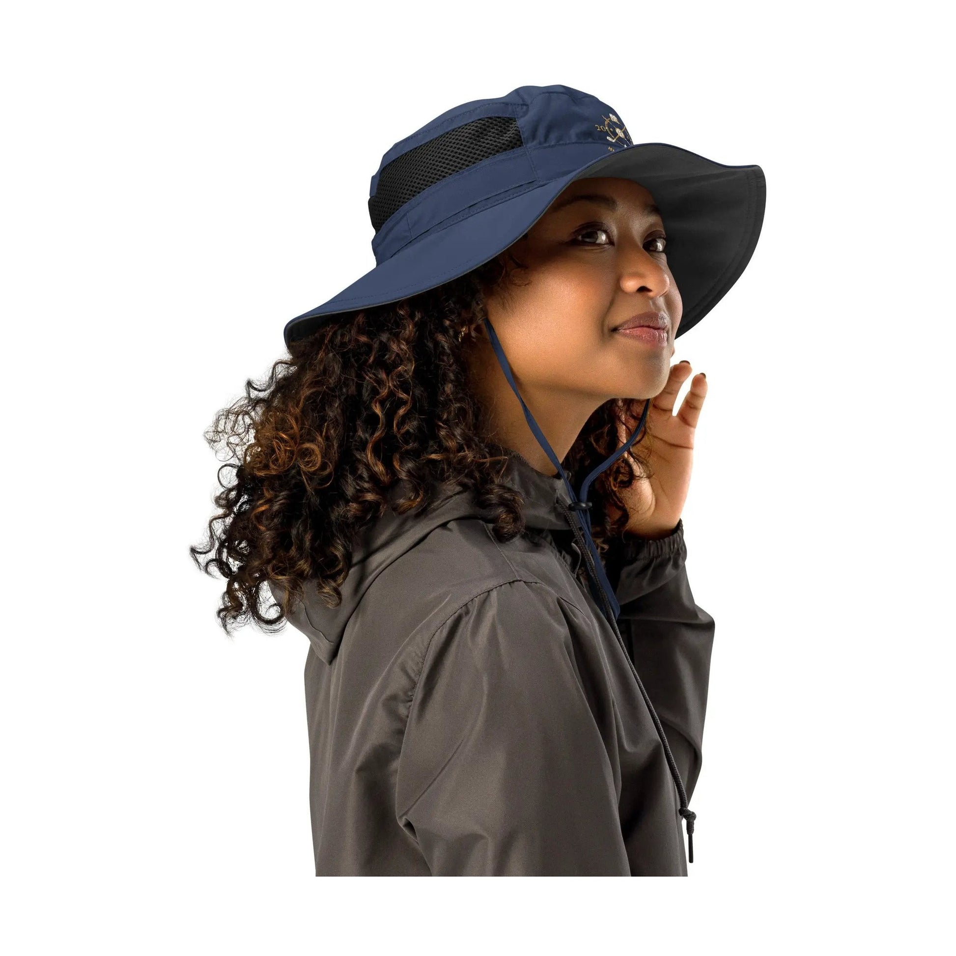 Side view of navy booney hat showing wide brim, adjustable drawcord, and black mesh vent