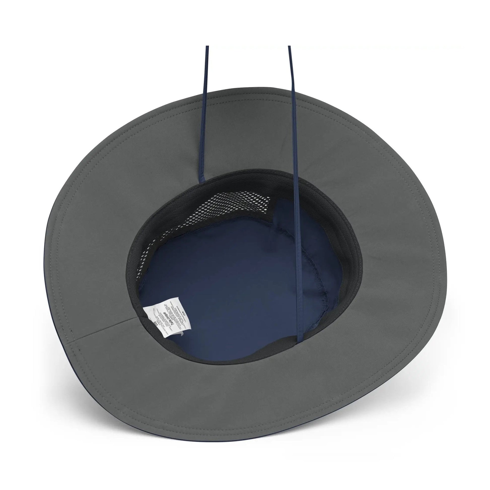 Overhead view of navy booney hat interior showing gray stitching, mesh crown, and care label