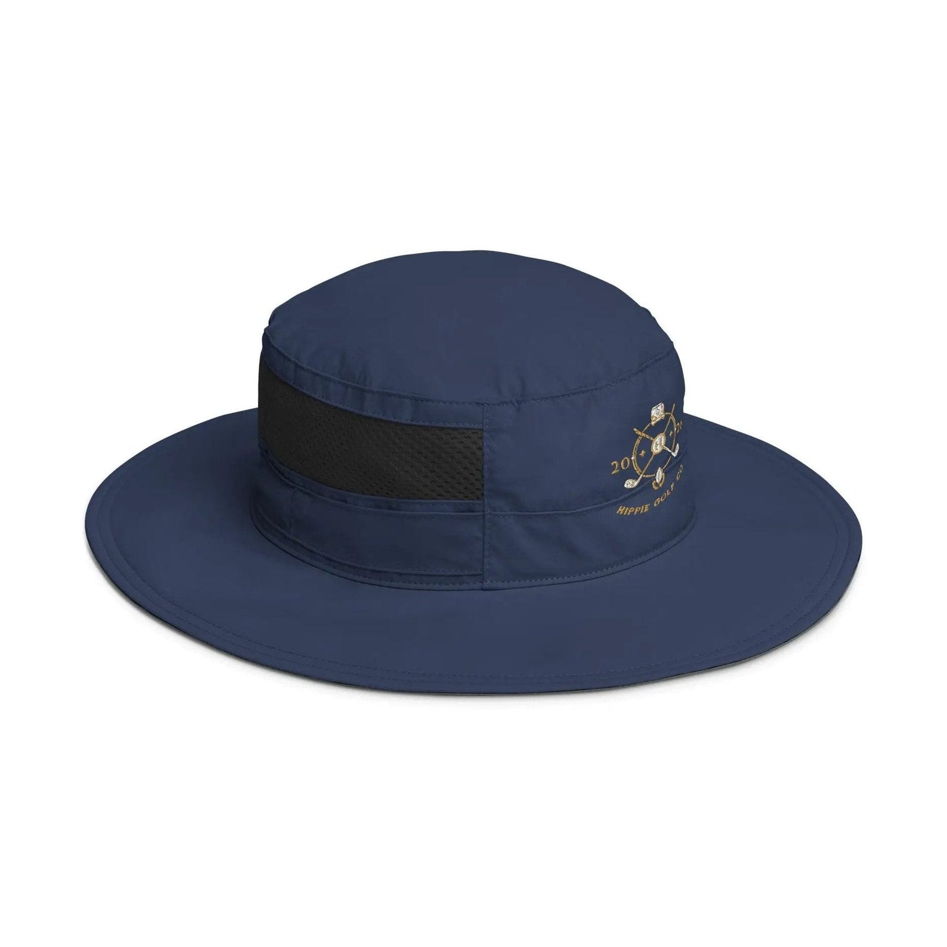 Back view of navy booney hat displaying textured nylon poplin and rear mesh ventilation panel
