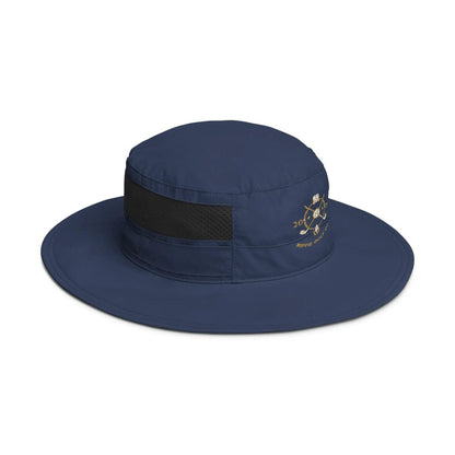 Back view of navy booney hat displaying textured nylon poplin and rear mesh ventilation panel