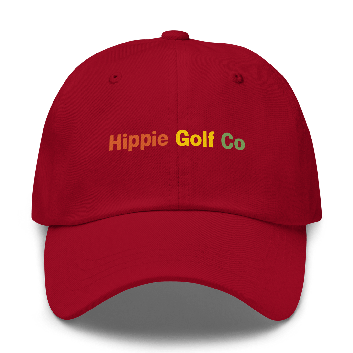 Red dad hat front view of orange yellow green embroidery