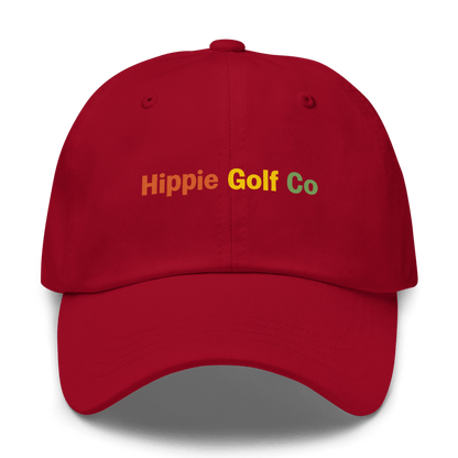 Red dad hat front view of orange yellow green embroidery