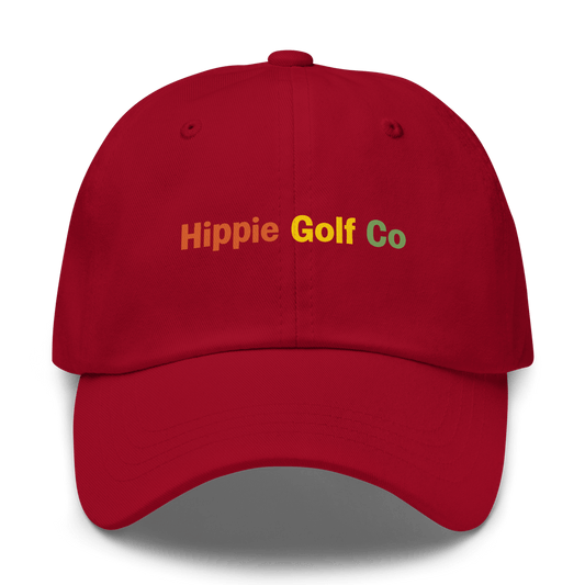 Red dad hat front view of orange yellow green embroidery