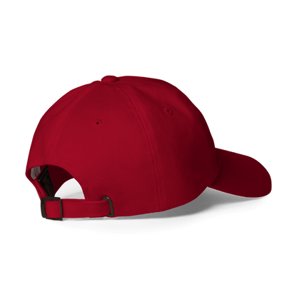 Red dad hat back view highlighting adjustable buckle strap