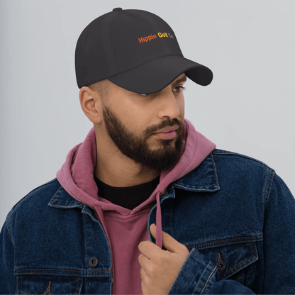Black cotton twill dad hat worn by man with beard