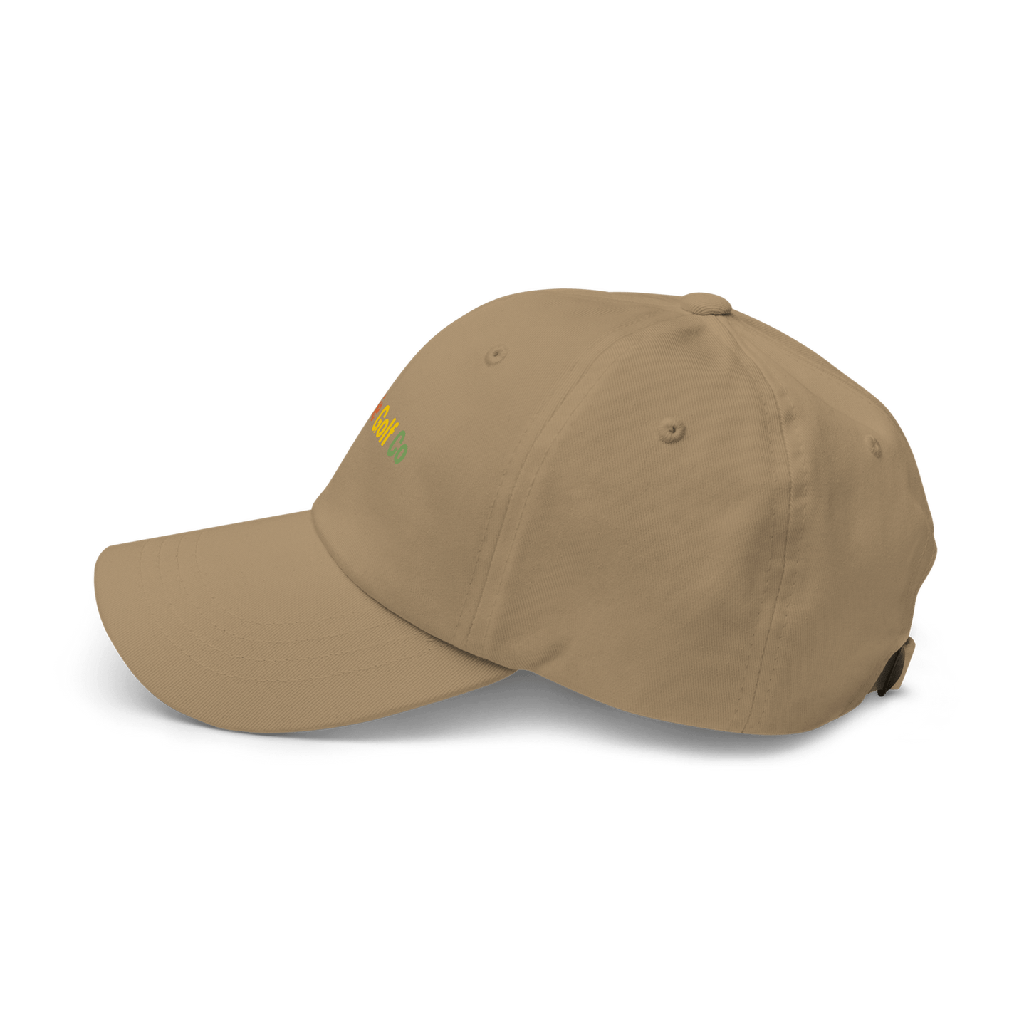 Tan woven cotton twill dad hat with visible panel stitching