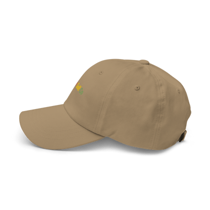 Tan woven cotton twill dad hat with visible panel stitching