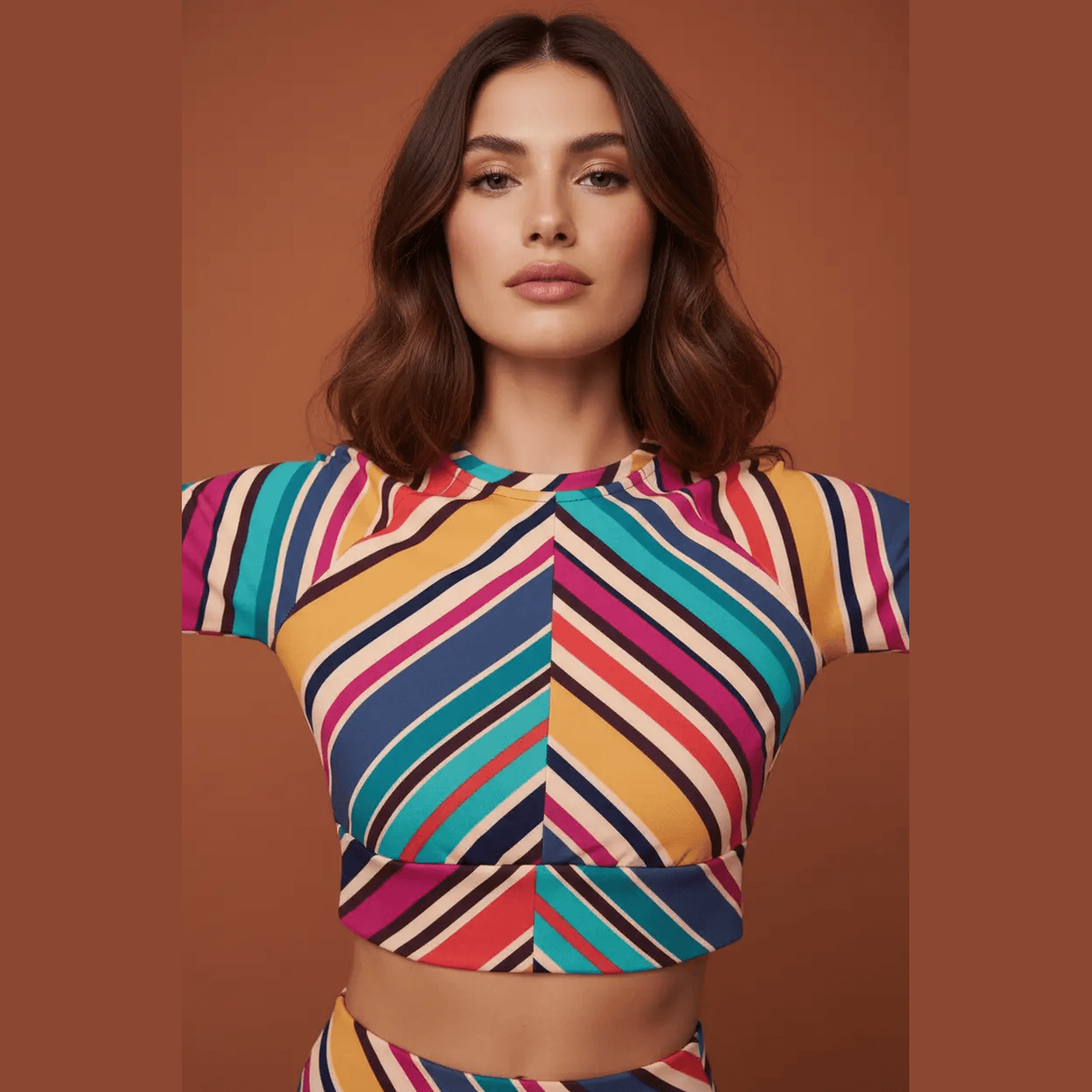 Bold chevron motif multicolor striped long-sleeve crop top with double-layer waistband and cap sleeves